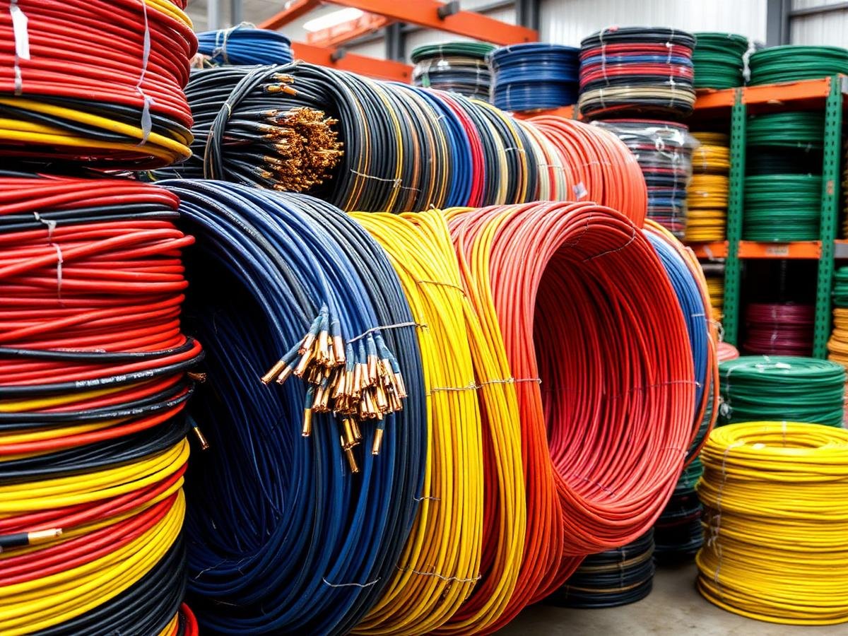 Coils of copper electrical cables and wires in stock