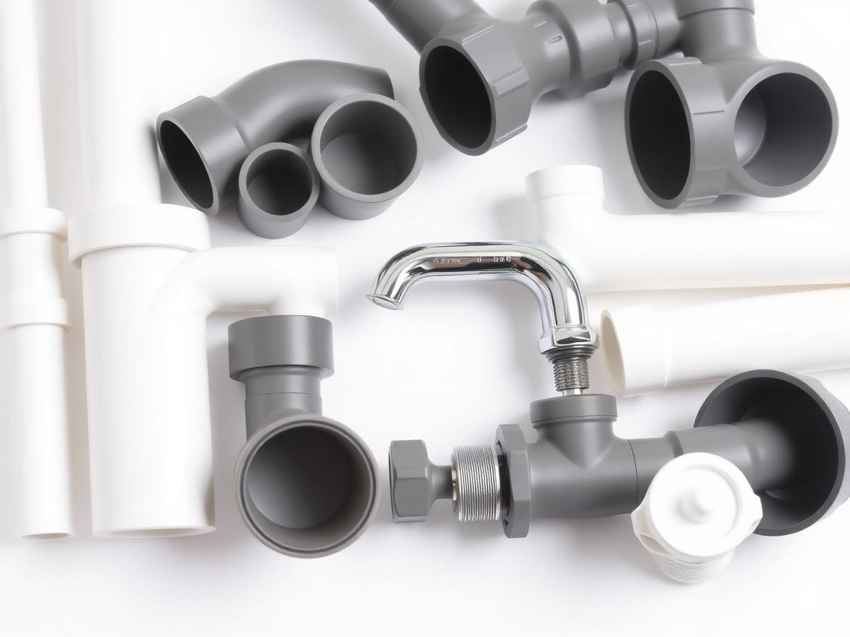 Plumbing pipes, fittings and a chrome tap laid out