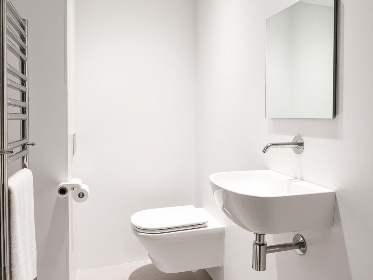 Modern bathroom fitted with sanitary wares and chrome fittings